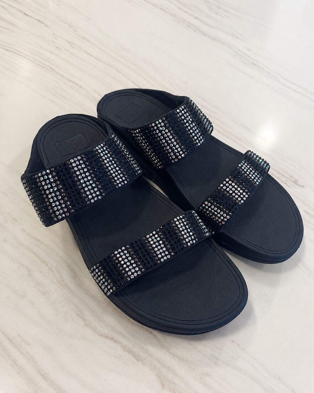 FitFlop Women’s Size 10 Navy Blue Rhinestone Crystal Two Strap Slide Sandals